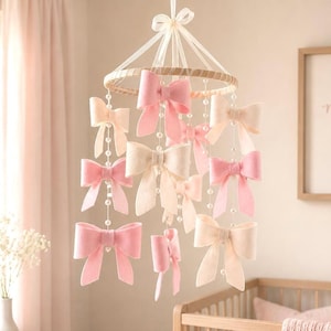 New! BOWS and pearls baby girl nursery crib mobile hanging decor image 1