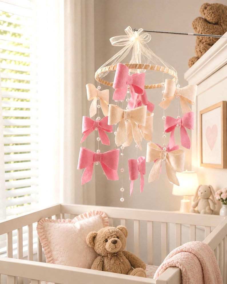 May include: A hanging nursery mobile featuring multiple fabric bows in shades of pink and cream, suspended from a circular wooden frame by thin strings adorned with small white beads, topped with a sheer cream-colored ribbon bow.
