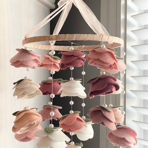Baby girl mobile wrens wildflower inspired Crib size Felt flower mobile | roses and pearls baby girl nursery decor | hanging decor |