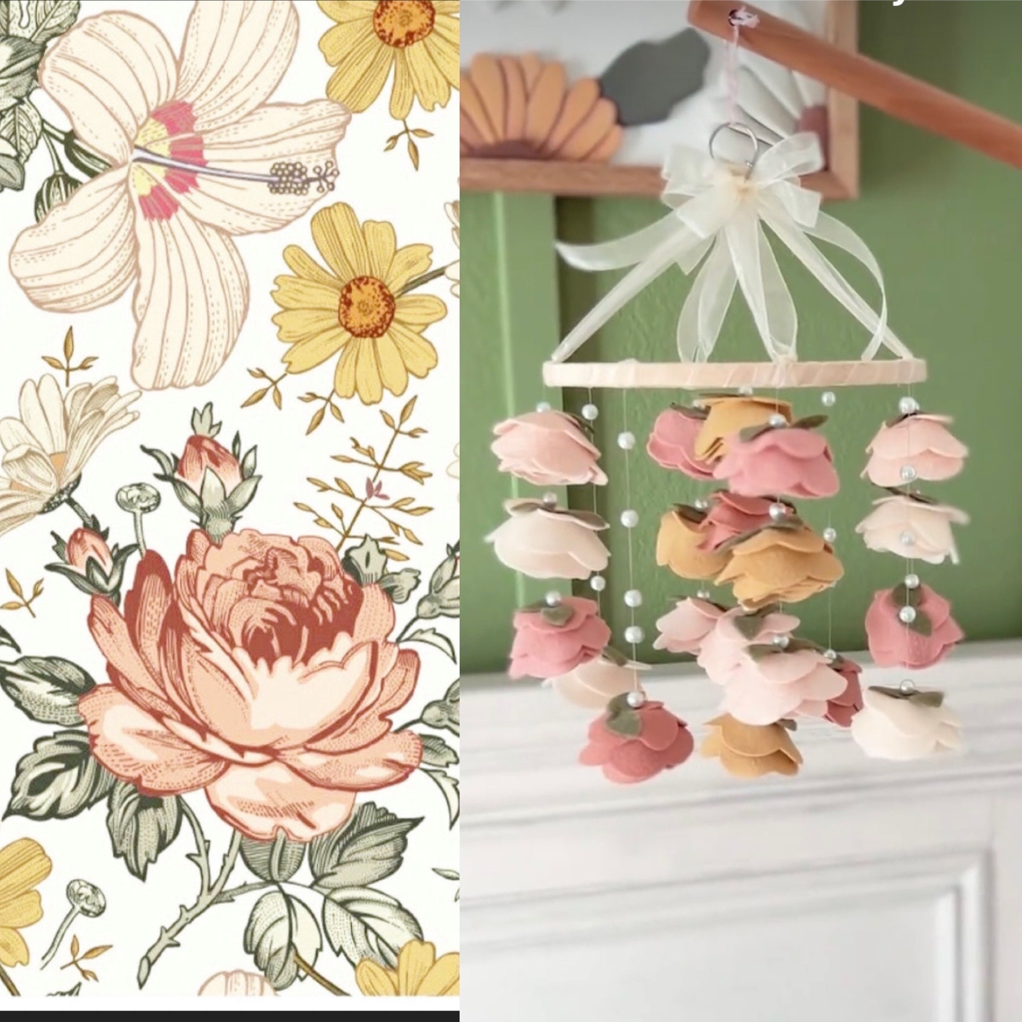 Floral baby girl crib mobile PEYTONS Vintage Inspired BOHO nursery decor mustard blush ivory
