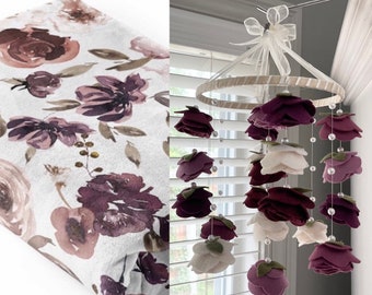 KRIPPE MOBILE, BLUMEN Girlanden, Filzblumen, minimalistische handgefertigte Demis Dusty Purple Rose inspirierte Blumen für Kinderzimmer Krippe Dekor