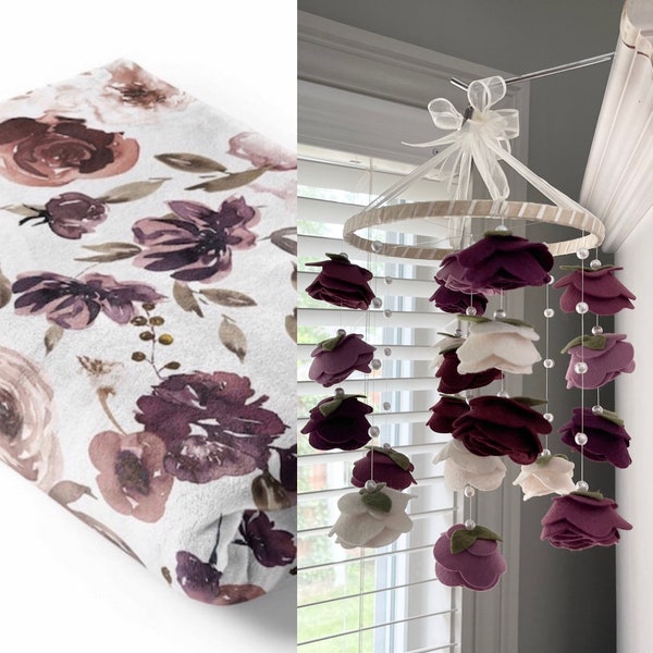 CRIB MOBILE, FLOWER Garlands, Felt Flowers, Minimalistic Handmade Demis Dusty Purple Rose Inspired Flowers for Nursery Room Crib Decor