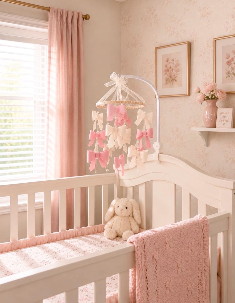 May include: A baby mobile featuring multiple hanging bows in shades of soft pink and cream, suspended from a circular frame with a white arm. The mobile is positioned above a white wooden crib containing a plush cream-colored stuffed bunny toy.