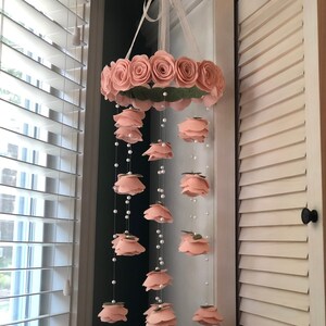 Finest 100% wool pale blush pink Felt flower mobile roses and pearls baby girl nursery decor Garden pretty Nursery hanging decor image 5