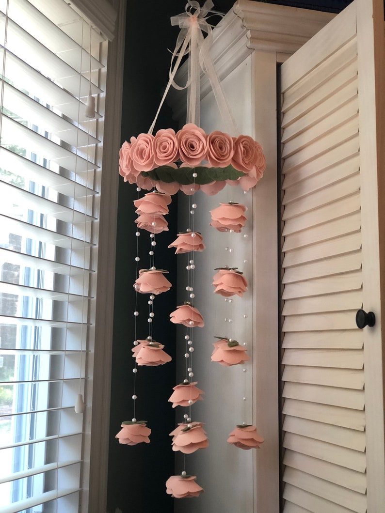 Finest 100% wool pale blush pink Felt flower mobile roses and pearls baby girl nursery decor Garden pretty Nursery hanging decor image 5