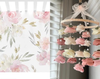 DELANEY Dusty Blush Inspired Crib Size Baby NURSERY Décor Felt Flowers MOBILE For Baby Girl Gift, Roses And Pearls Crib Hanging Décor Mobile