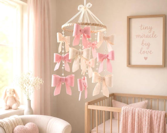 New! BOWS and pearls baby girl nursery crib mobile hanging decor