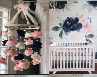 Floral baby girl mobile Pink And Blue Hanging Felt Flowers Crib Size Baby Girl Mobile For Nursery Room Ceiling Decor