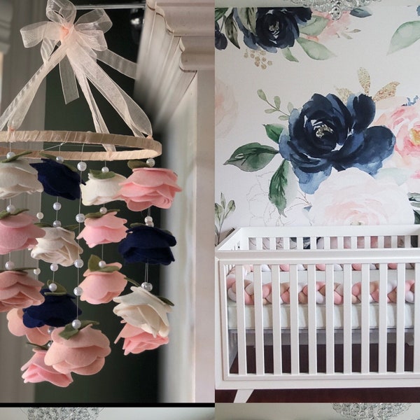Floral baby girl mobile Pink And Blue Hanging Felt Flowers Crib Size Baby Girl Mobile For Nursery Room Ceiling Decor