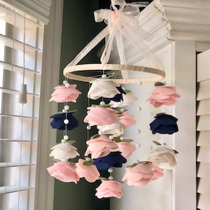 Floral baby girl mobile Pink And Blue Hanging Felt Flowers Crib Size Baby Girl Mobile For Nursery Room Ceiling Decor