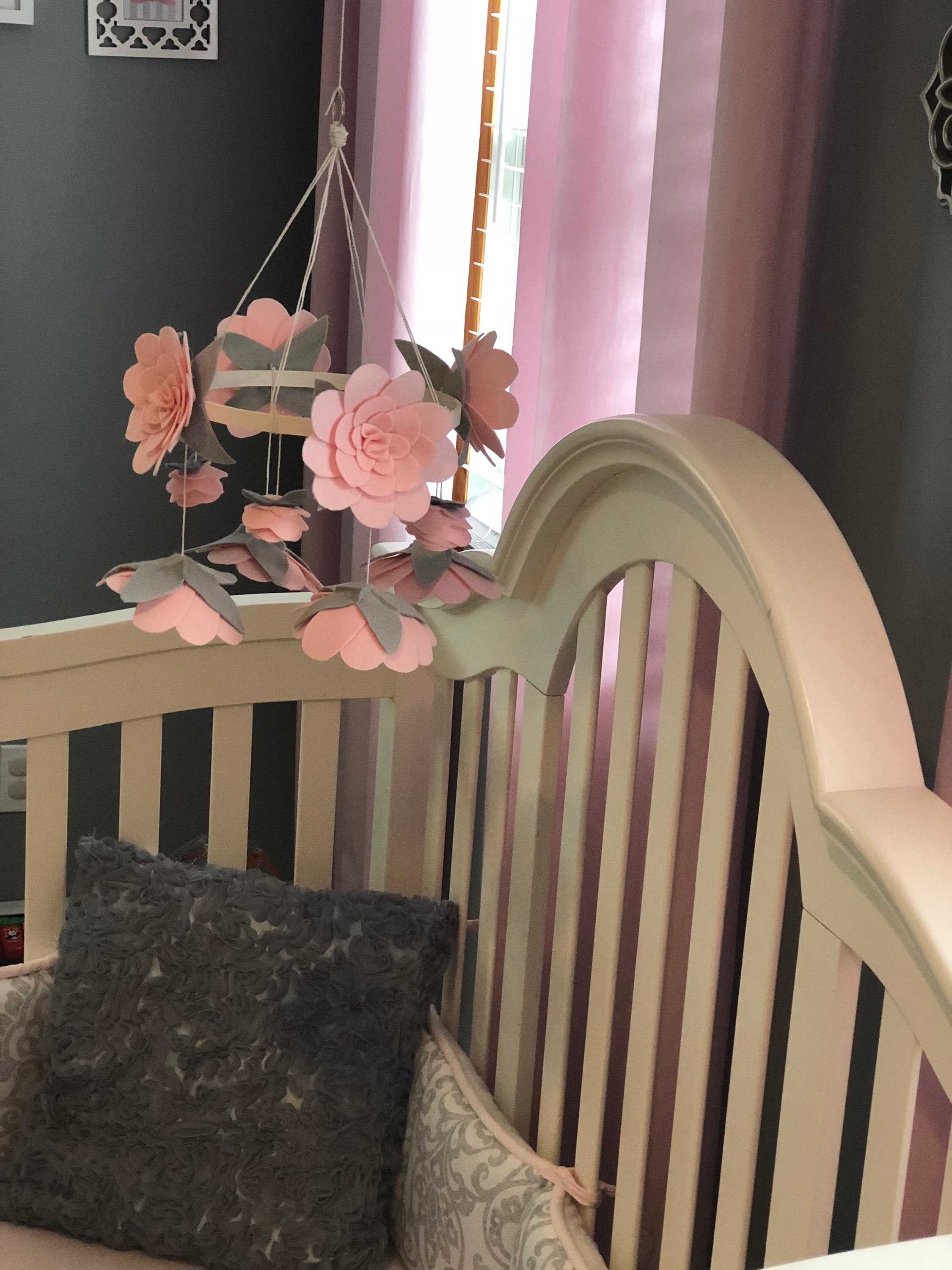 Baby Pink & gray wool felt flower mobile Nursery rose crib Etsy