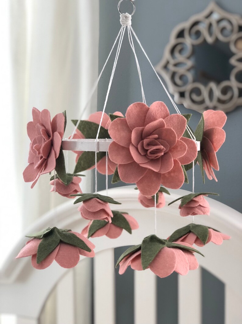 Blush Pink Felt Flower Mobile Crib Size Nursery Rose Crib Etsy