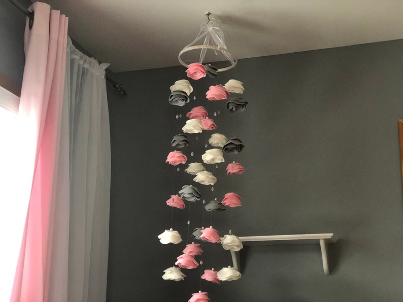 Pink Gray White Crystals Pearls Felt Flower Mobile Roses Etsy