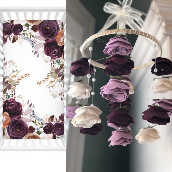 Floral baby girl mobile Baby girl mobile Crib size purples Felt flower mobile | roses and pearls baby girl nursery decor | hanging decor |