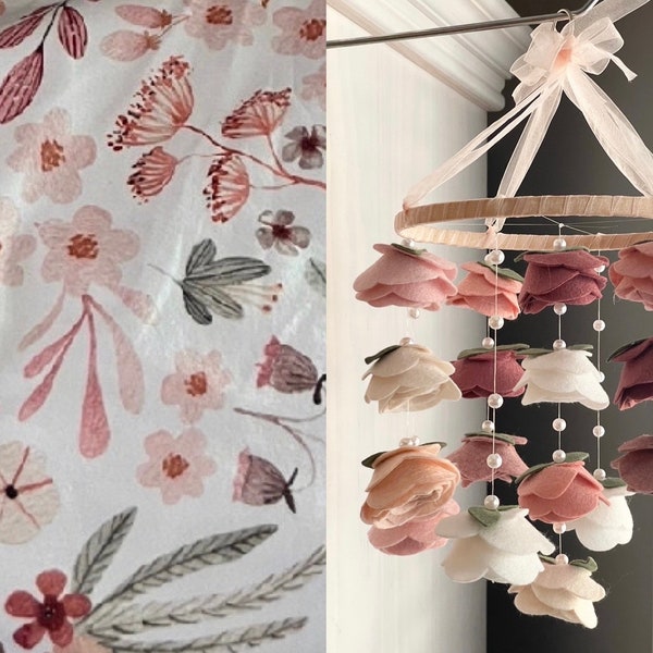 Baby girl mobile wrens wildflower inspired Crib size Felt flower mobile | roses and pearls baby girl nursery decor | hanging decor |