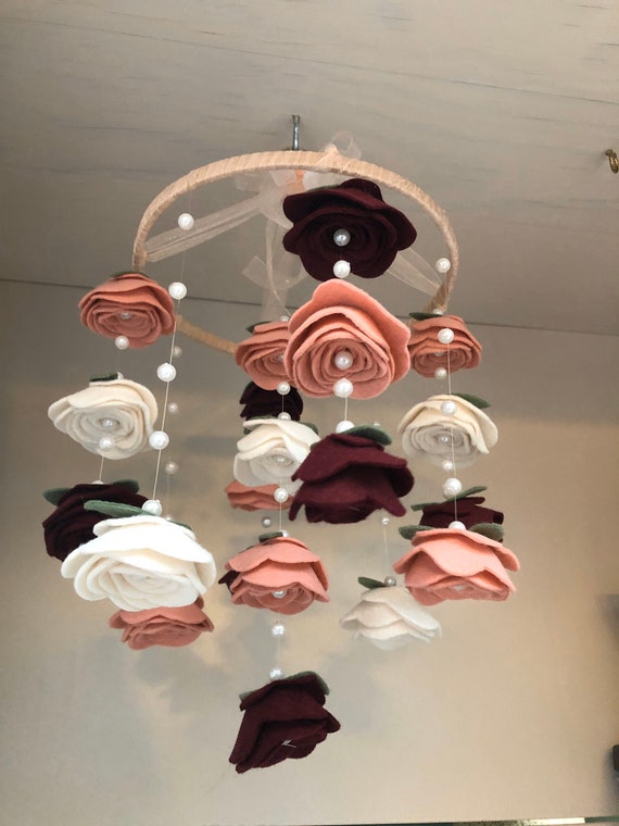 Baby Girl Mobile Crib Size Burgundy Blush Linen Felt Flower Etsy