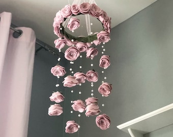 Frost pink choose colors | Rose ring Felt flower mobile | roses and pearls | baby girl nursery decor | Garden | pretty |