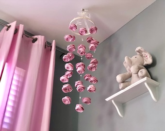 Frost pink/choose colors Felt flower mobile | Pink baby girl nursery | garden, hanging | pearls &  crystals | custom | baby girl mobile