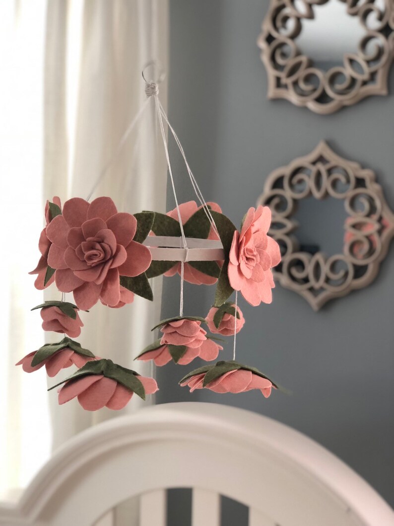 Blush Pink Felt Flower Mobile Crib Size Nursery Rose Crib Etsy