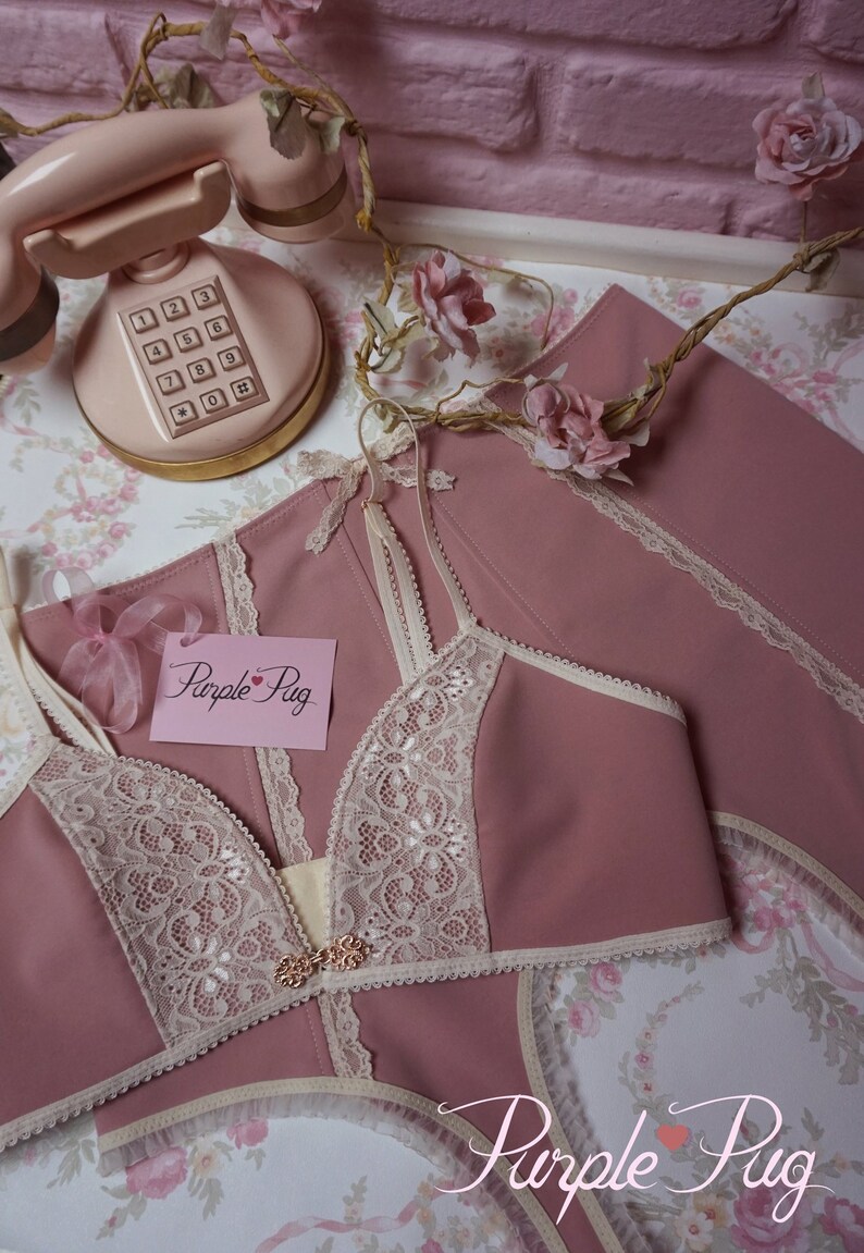 Retro Style Garter Belt Antique Pink Lace Bra Romantic Rose Gold Vintage Inspiration Luxury Lingerie