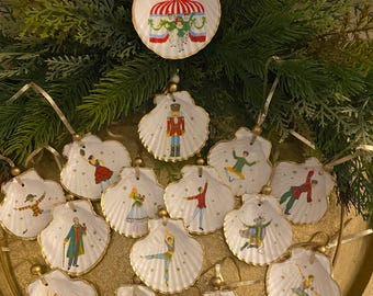 Set of 15 Decoupage Scallop Shells Nutcracker Ballet Ornaments-FREE SHIPPING