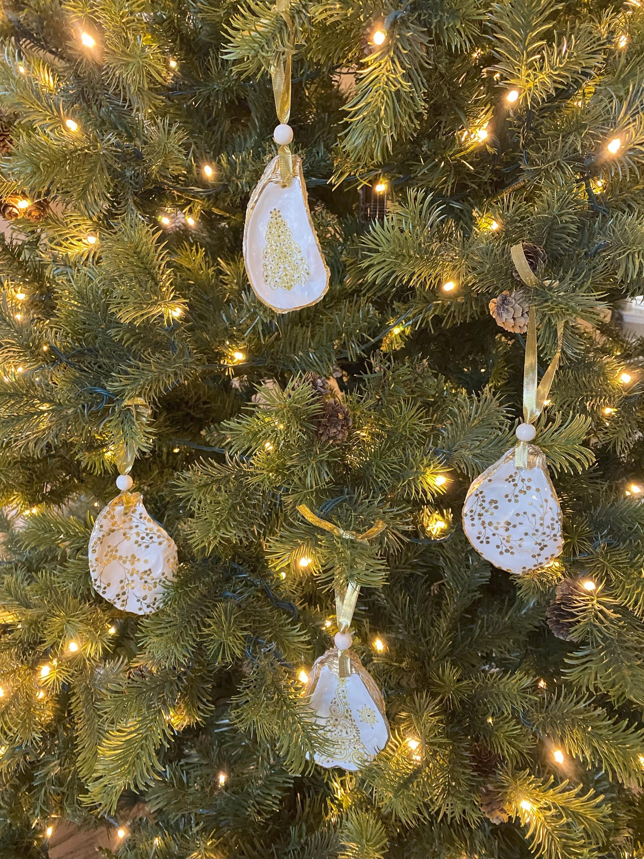 Gold & White Decoupage Oyster Shell Ornament Set of 4 - FREE SHIPPING