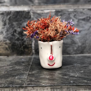 Puede incluir: Maceta de cerámica blanca con forma de cara, con una nariz roja y una sonrisa, llena de flores secas en tonos naranja, marrón y morado.