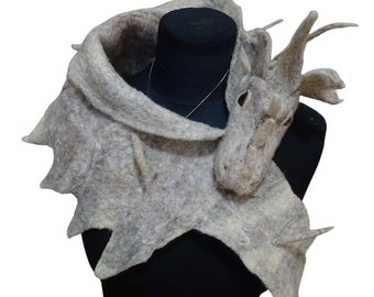 Felted scarf for women and man with merino wool.Felted gray dragon  Lovely Fantazy Dragon handmade wool scarf Woolen collarAnimal scarf