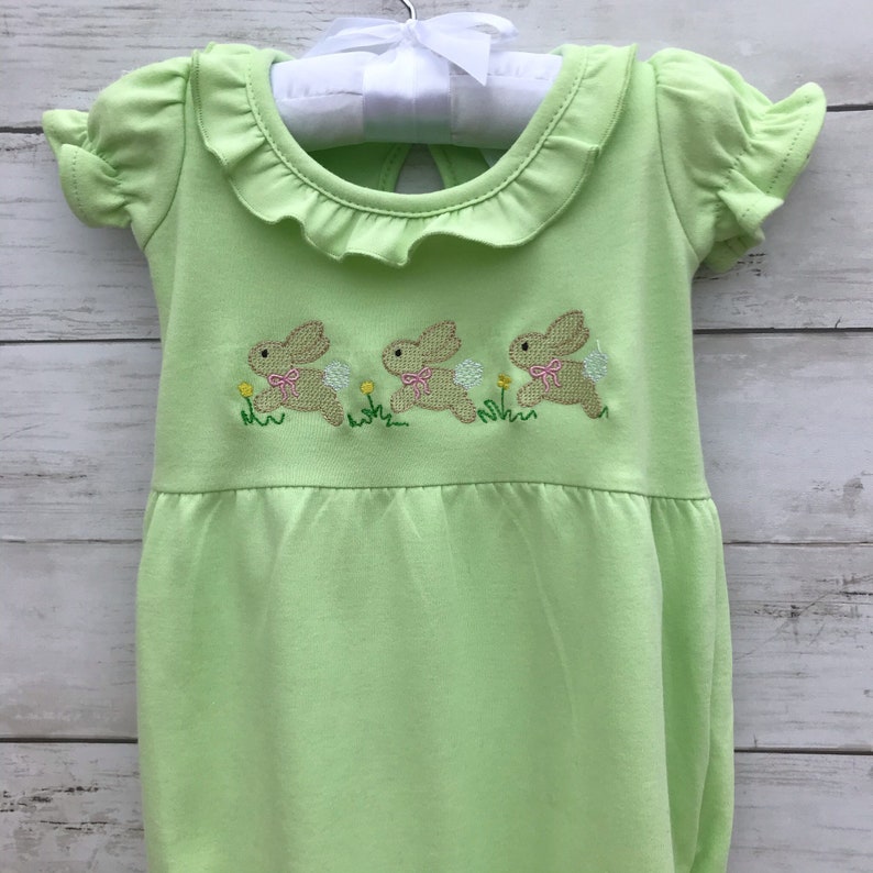 Babies first Easter adorable with ruffled collar Spring gown Easter Outfit Infant girls Easter bunny embroidered gown-Easter Egg green