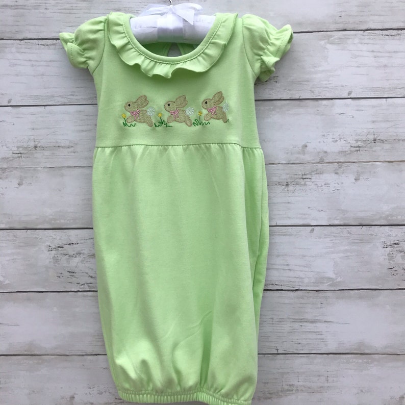 Babies first Easter adorable with ruffled collar Spring gown Easter Outfit Infant girls Easter bunny embroidered gown-Easter Egg green