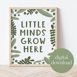Pequeñas mentes crecen aquí / Decoración de dormitorio infantil, Arte imprimible para niños, Guardería, Carteles infantiles, Arte de pared para niños, Sala de juegos, Safari, Selva, Plantas