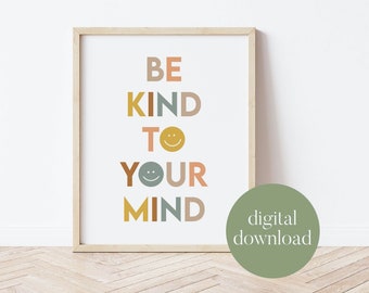 Wees lief voor je geest | Boho-klasdecor, boho-consulentkantoor, smiley, digitale print, geestelijke gezondheid, schoolbegeleider