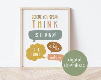 Before You Speak, Think | Boho Classroom Decor, Classroom Poster, Digital Print, Be Kind, Playroom Decor, Encourage One Another, Child Art