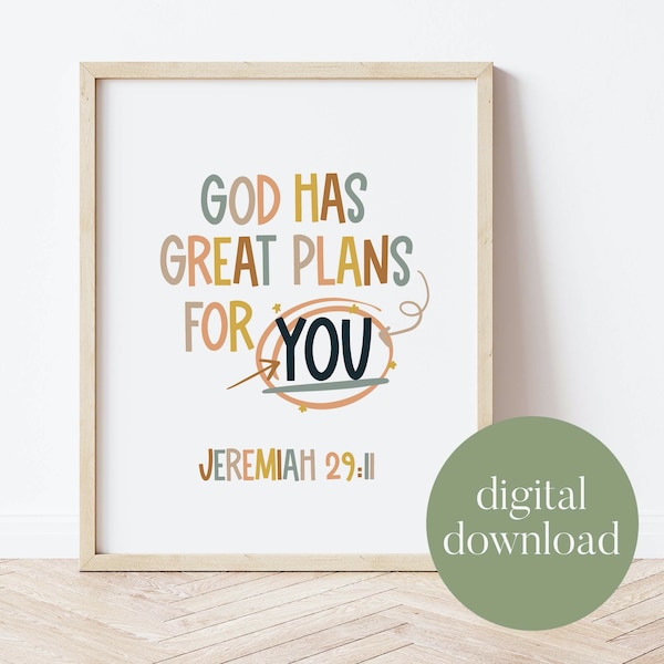 God Has Great Plans For You| Jeremiah 29:11, Boho Classroom Decor, Christian School, Christian Child Art, Digital Print, Kids Room, Girl