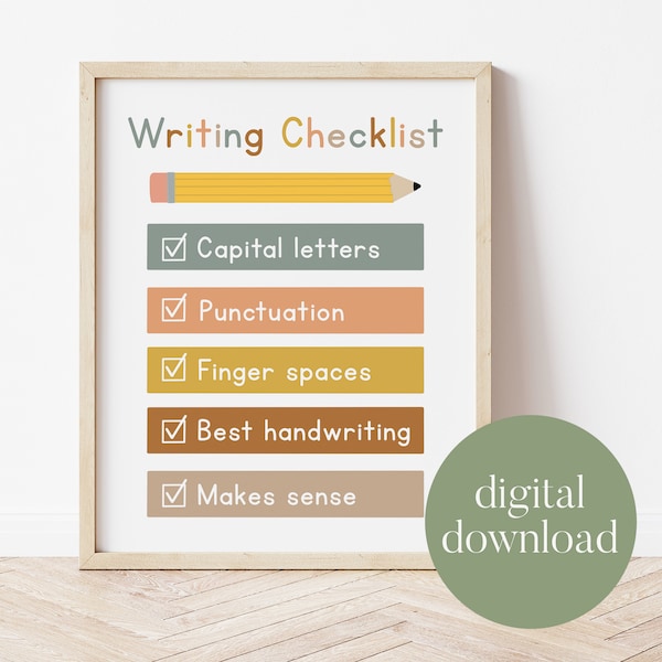 Writing Checklist | Classroom Decor, Anchor Chart, Writing, Educational Wall Art, Writers Workshop, Boho, Digital Print, Phonics, Homeschool