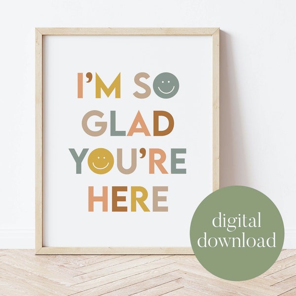 I'm So Glad You're Here | Boho Classroom Decor, Be Kind, Smiley Face, Digital Print, Inclusive Classroom, All Are Welcome, Teacher Gift