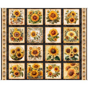 May include: A fabric panel featuring sixteen squares, each showcasing a detailed illustration of sunflowers. The sunflowers are depicted in various arrangements, with yellow petals and dark brown centers, set against a black background. The panel has a decorative border.