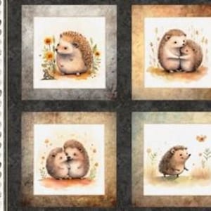 May include: A fabric panel featuring four square images of watercolor hedgehogs. Each image shows a different scene with the hedgehogs, including one with flowers and another with two hedgehogs hugging. The panel has a decorative border.