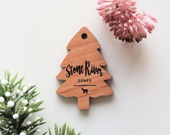 Customized wooden holiday tags, Christmas tree gift tags, evergreen tags, laser engraved and laser cut, pack of 20