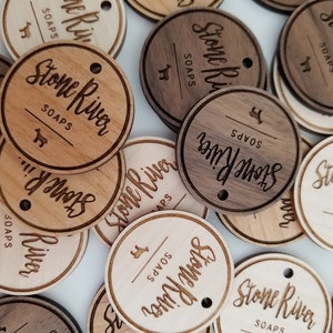 Customized circular wooden product tags for your business, wedding favor gift tags, logo tags, laser engraved and laser cut, pack of 20