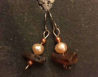 Brown sea glass earrings with pearl and copper beaded dangles