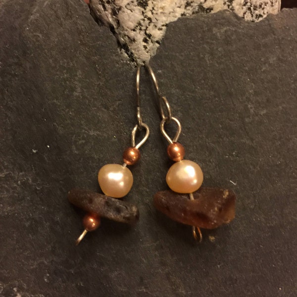 Brown sea glass earrings with pearl and copper beaded dangles