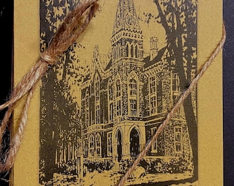 5 tarjetas de notas de East College - Universidad DePauw. Arte de Garret J. Boone. Color mostaza.