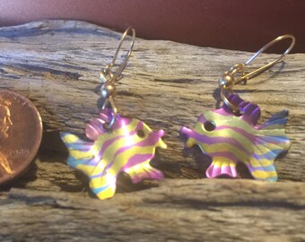 Titanium fish earrings on gold-filled ear wires.