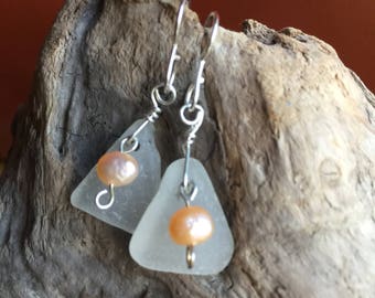 Pendientes de cristal de mar con perlas