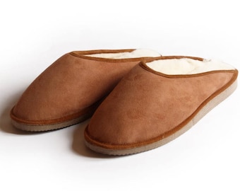 Mules homme camel fourrées en peau de mouton pantoufle