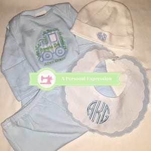 Boy Applique Train Gown, Blanket, Bib, Bodysuit, Knit Hat, Burp Pad, Baby Shower Gift, Personalized,Monogram,Bible Verse, Coming Home Outfit image 4