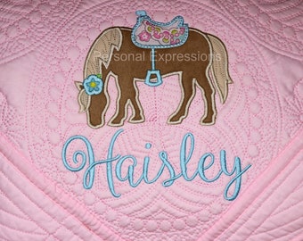 Personalized Baby Quilt for Girls, Applique Horse Quilt, Monogrammed Baby Girl Quilt, Floral Baby Blanket, Heirloom Keepsake Quilt, Newborn