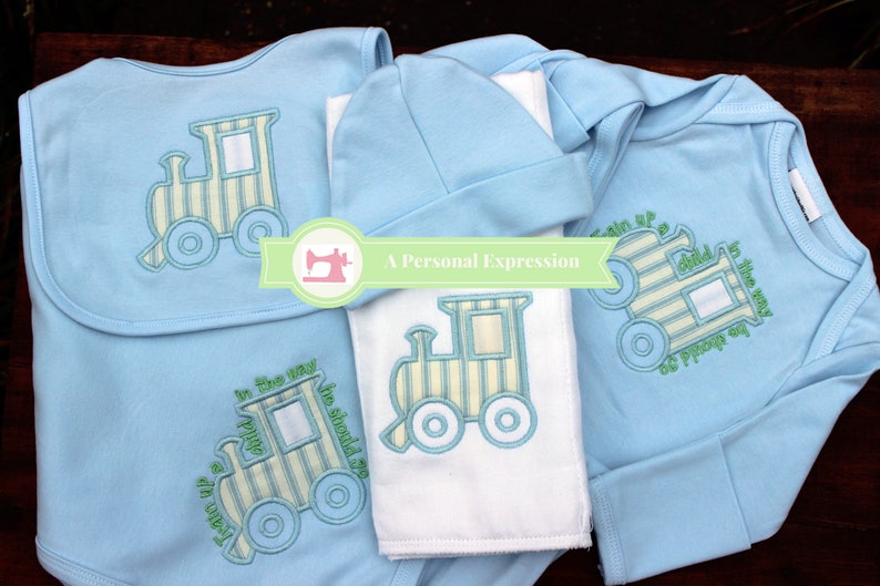 Boy Applique Train Gown, Blanket, Bib, Bodysuit, Knit Hat, Burp Pad, Baby Shower Gift, Personalized,Monogram,Bible Verse, Coming Home Outfit image 3