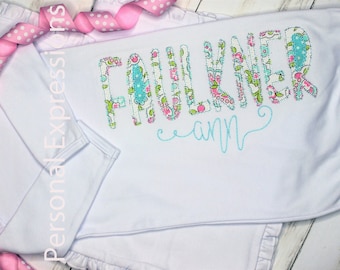 Personalized Applique Embroidered Gown, Custom Blanket, Bib, Knit Hat, Baby Layette, Baby Shower Gift, Floral, Coming Home Outfit Girl